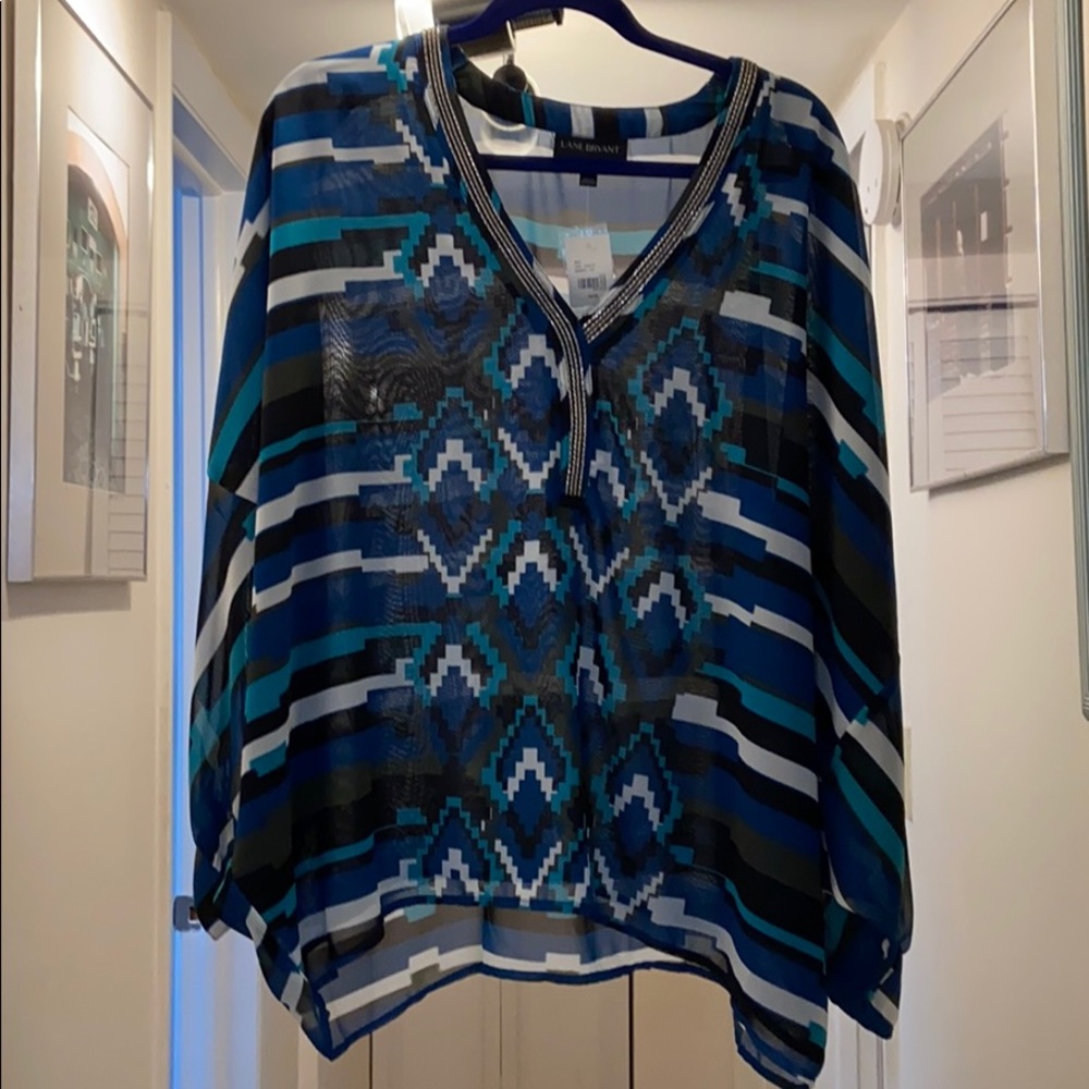 Lane Bryant Sheer Blouse, Gem Neck, Blue and Gray